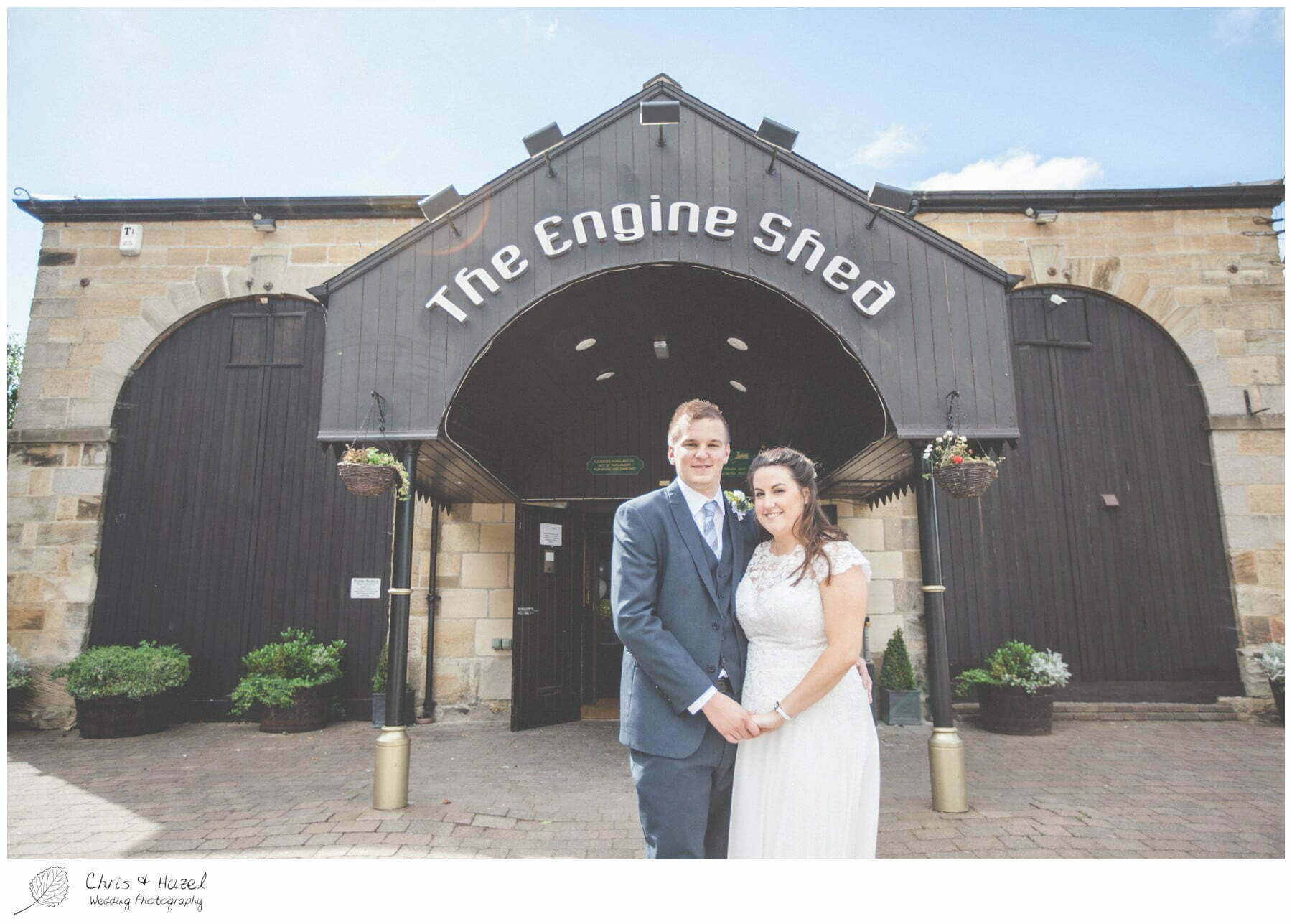 bride and groom outside the engine shed, Bride and groom portraits, bride and groom photographs, wedding, south milford Wedding Photographer, the engine shed, wetherby wedding venue, Wedding Photography wetherby, Chris and Hazel Wedding Photography, stevie pollard, stevie standerline, paul standerline,