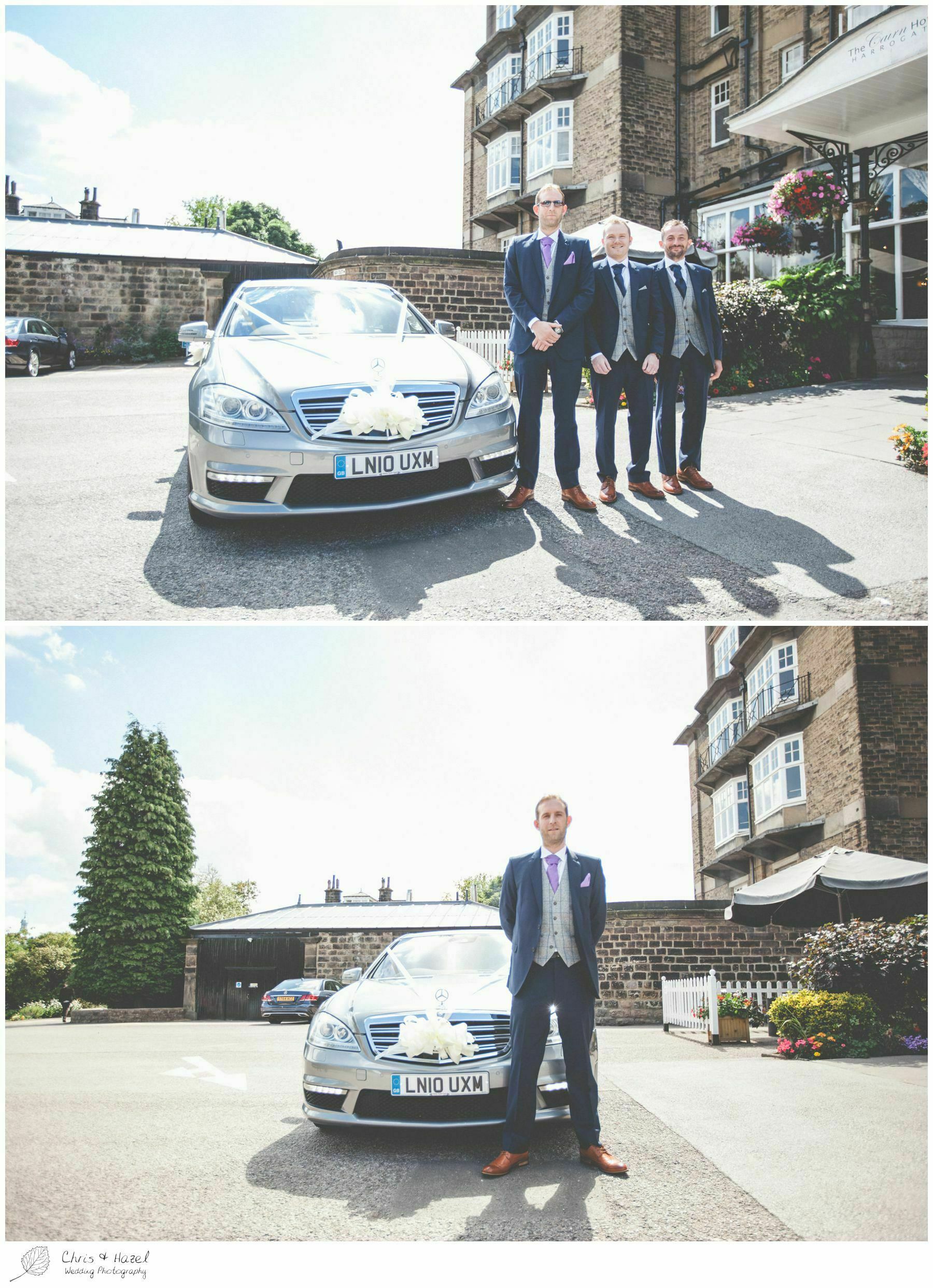 groom with ushers, groom with ushers and wedding car, mercedes v12 turbo, wedding car, the cairn hotel, the cairn hotel wedding photographer, wedding photography harrogate, wedding photography yorkshire, chris and hazel wedding photography, scott Dixon, caroline ellis, caroline Dixon