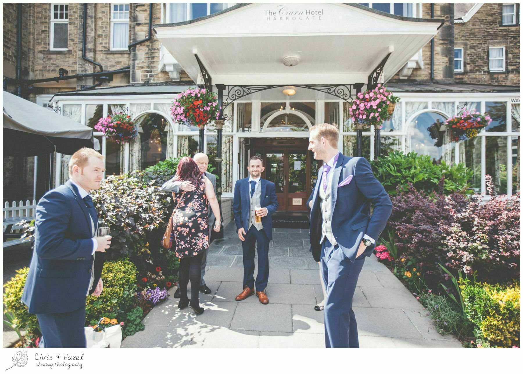 groom with usher outside hotel, the cairn hotel, the cairn hotel wedding photographer, wedding photography harrogate, wedding photography yorkshire, chris and hazel wedding photography, scott Dixon, caroline ellis, caroline Dixon