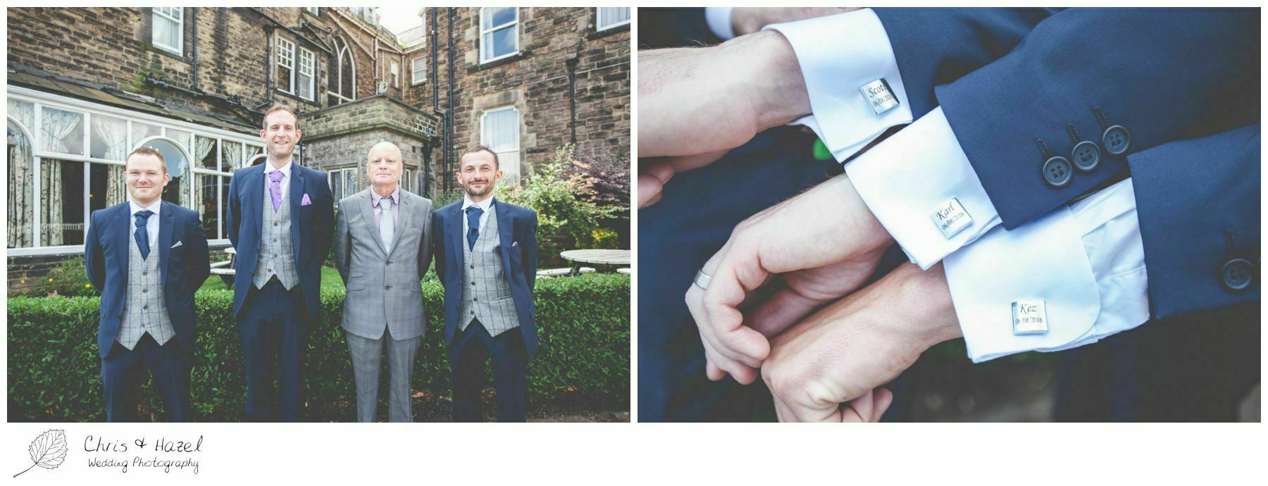 groom with ushers, groom with father of bride, personalised wedding cufflinks the cairn hotel, the cairn hotel wedding photographer, wedding photography harrogate, wedding photography yorkshire, chris and hazel wedding photography, scott Dixon, caroline ellis, caroline Dixon