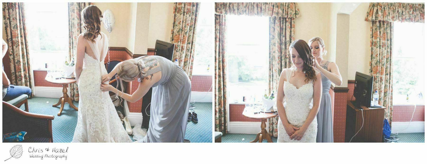 bridesmaid helping bride put necklace on, bridal preparations, documentary wedding photography, the cairn hotel, the cairn hotel wedding photographer, wedding photography harrogate, wedding photography yorkshire, chris and hazel wedding photography, scott Dixon, caroline ellis, caroline Dixon
