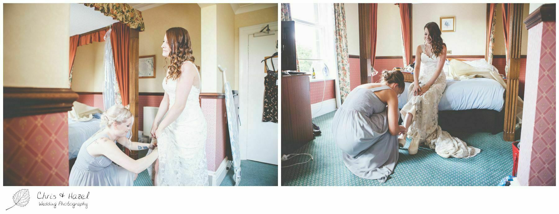 bridesmaid helping bride put shoes on, bridal preparations, documentary wedding photography, the cairn hotel, the cairn hotel wedding photographer, wedding photography harrogate, wedding photography yorkshire, chris and hazel wedding photography, scott Dixon, caroline ellis, caroline Dixon