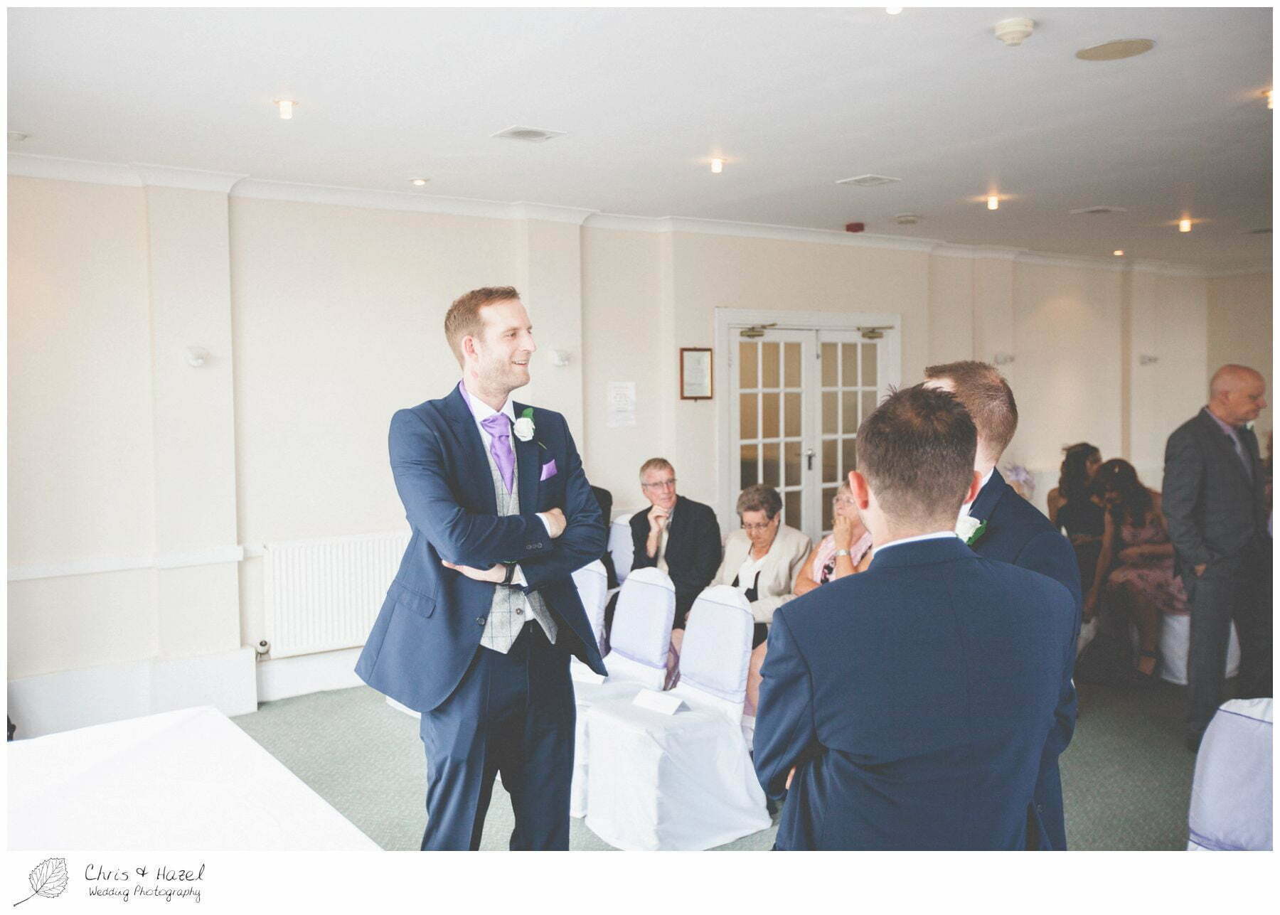 groom at altar, wedding ceremony, documentary wedding photography, the cairn hotel, the cairn hotel wedding photographer, wedding photography harrogate, wedding photography yorkshire, chris and hazel wedding photography, scott Dixon, caroline ellis, caroline Dixon