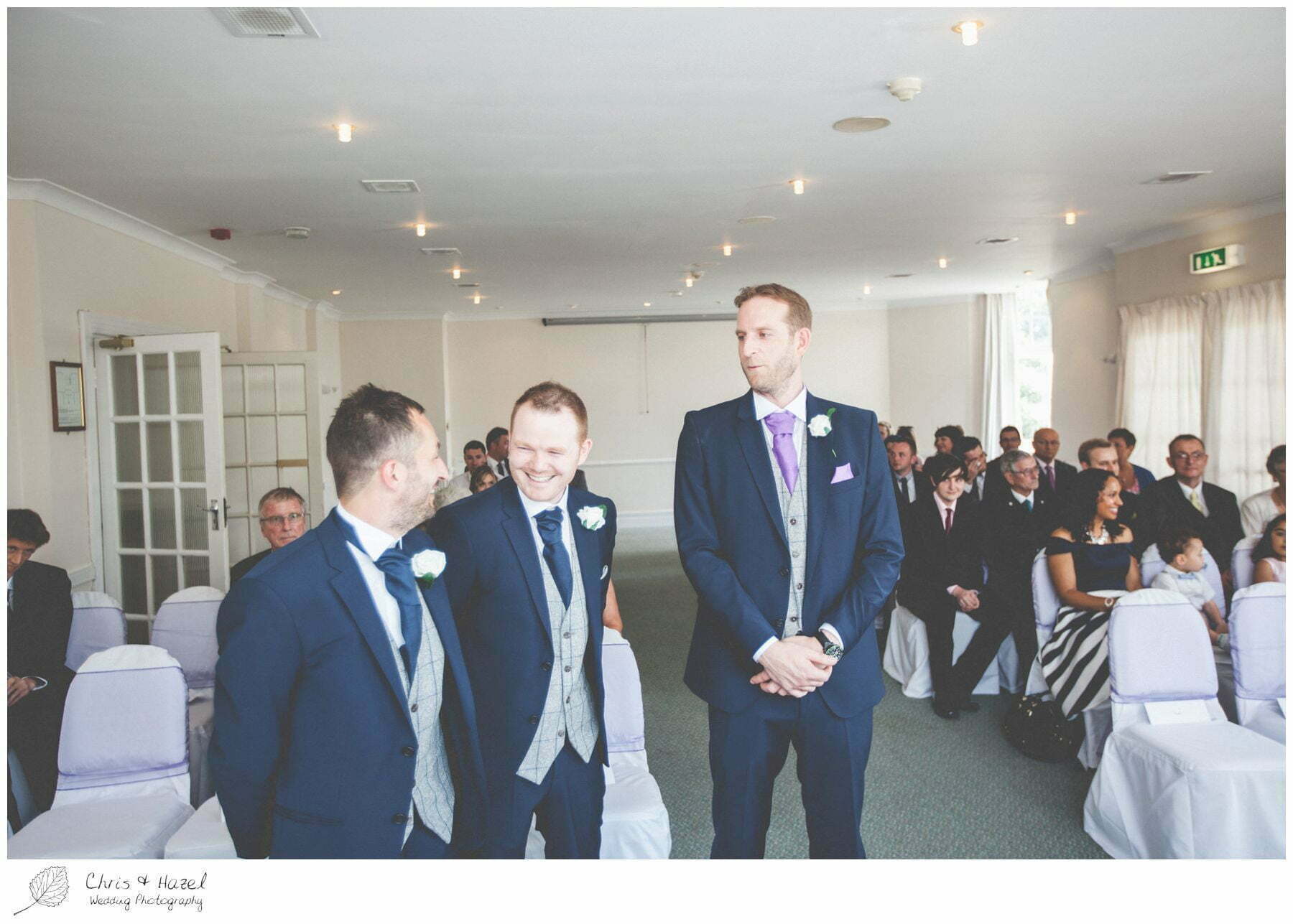 groom with ushers at altar, wedding ceremony, documentary wedding photography, the cairn hotel, the cairn hotel wedding photographer, wedding photography harrogate, wedding photography yorkshire, chris and hazel wedding photography, scott Dixon, caroline ellis, caroline Dixon