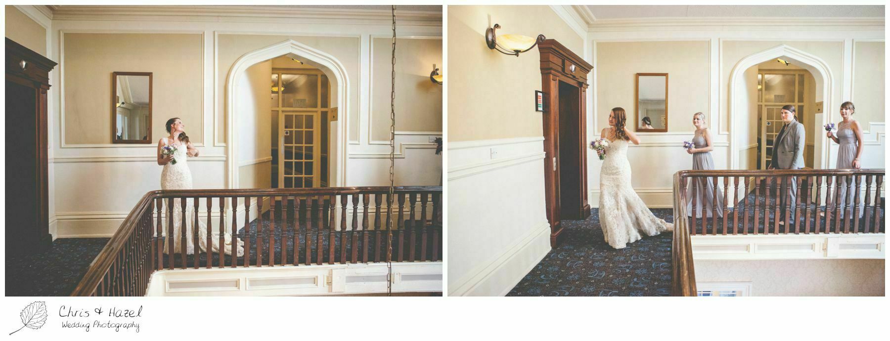bride walking down the stairs, old staircase, wooden, old fashioned staircase, documentary wedding photography, the cairn hotel, the cairn hotel wedding photographer, wedding photography harrogate, wedding photography yorkshire, chris and hazel wedding photography, scott Dixon, caroline ellis, caroline Dixon