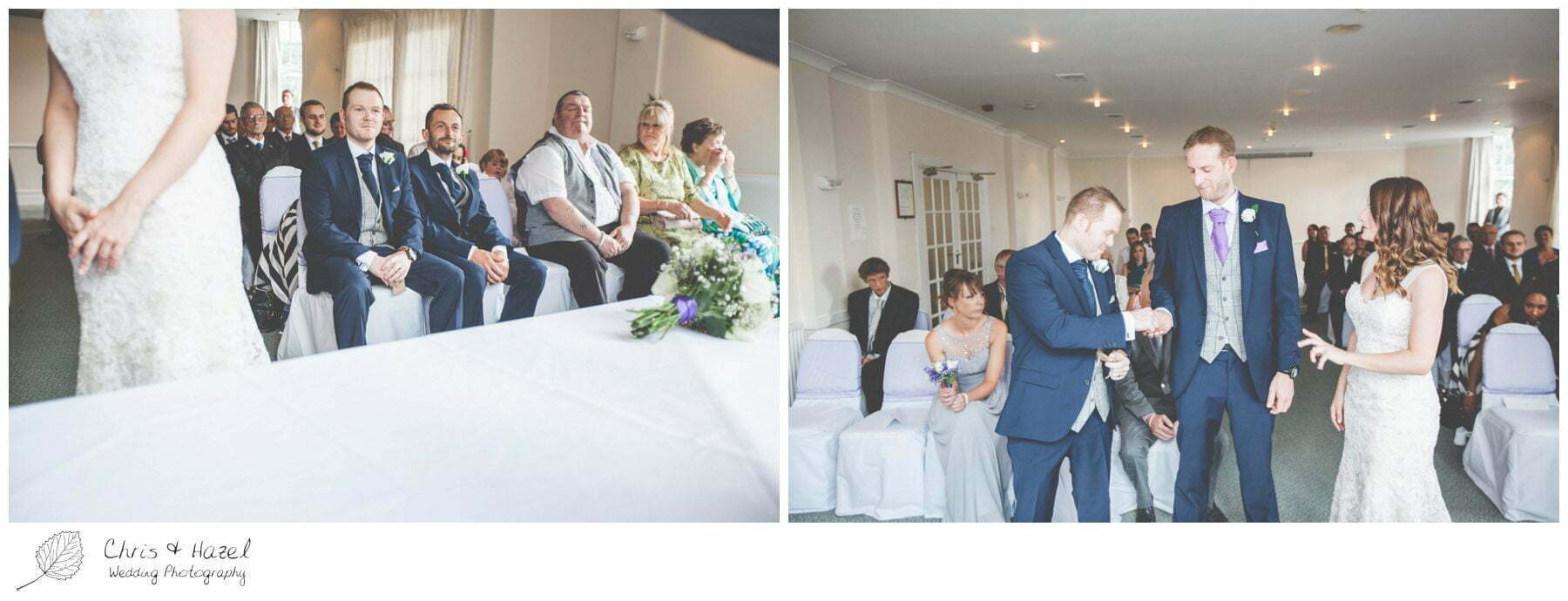 wedding vows, wedding ring exchange, bride and groom at altar, wedding ceremony, documentary wedding photography, the cairn hotel, the cairn hotel wedding photographer, wedding photography harrogate, wedding photography yorkshire, chris and hazel wedding photography, scott Dixon, caroline ellis, caroline Dixon