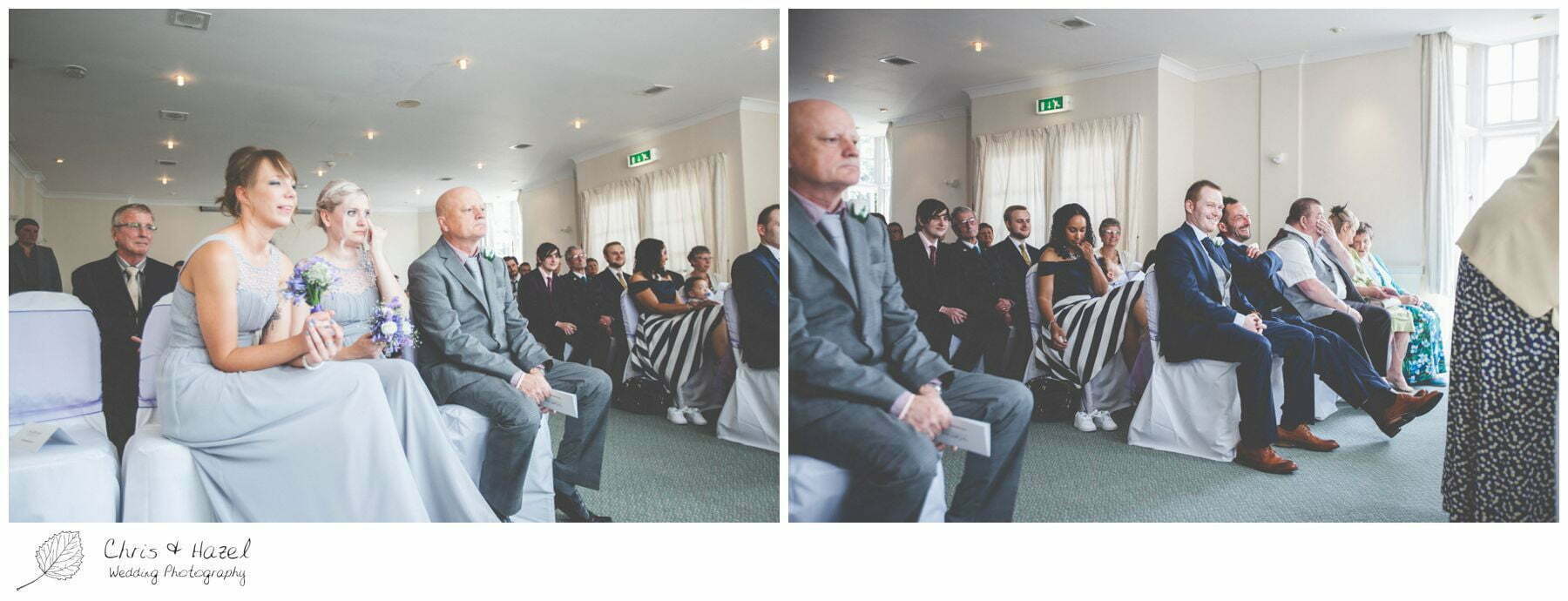 wedding guests reaction, bride and groom at altar, wedding ceremony, documentary wedding photography, the cairn hotel, the cairn hotel wedding photographer, wedding photography harrogate, wedding photography yorkshire, chris and hazel wedding photography, scott Dixon, caroline ellis, caroline Dixon