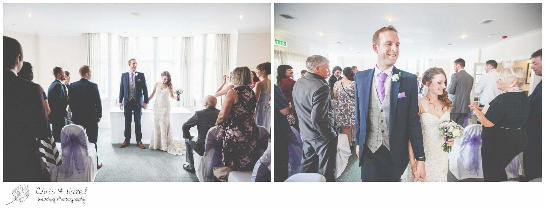 bride and groom walking up the aisle together, wedding ceremony, documentary wedding photography, the cairn hotel, the cairn hotel wedding photographer, wedding photography harrogate, wedding photography yorkshire, chris and hazel wedding photography, scott Dixon, caroline ellis, caroline Dixon