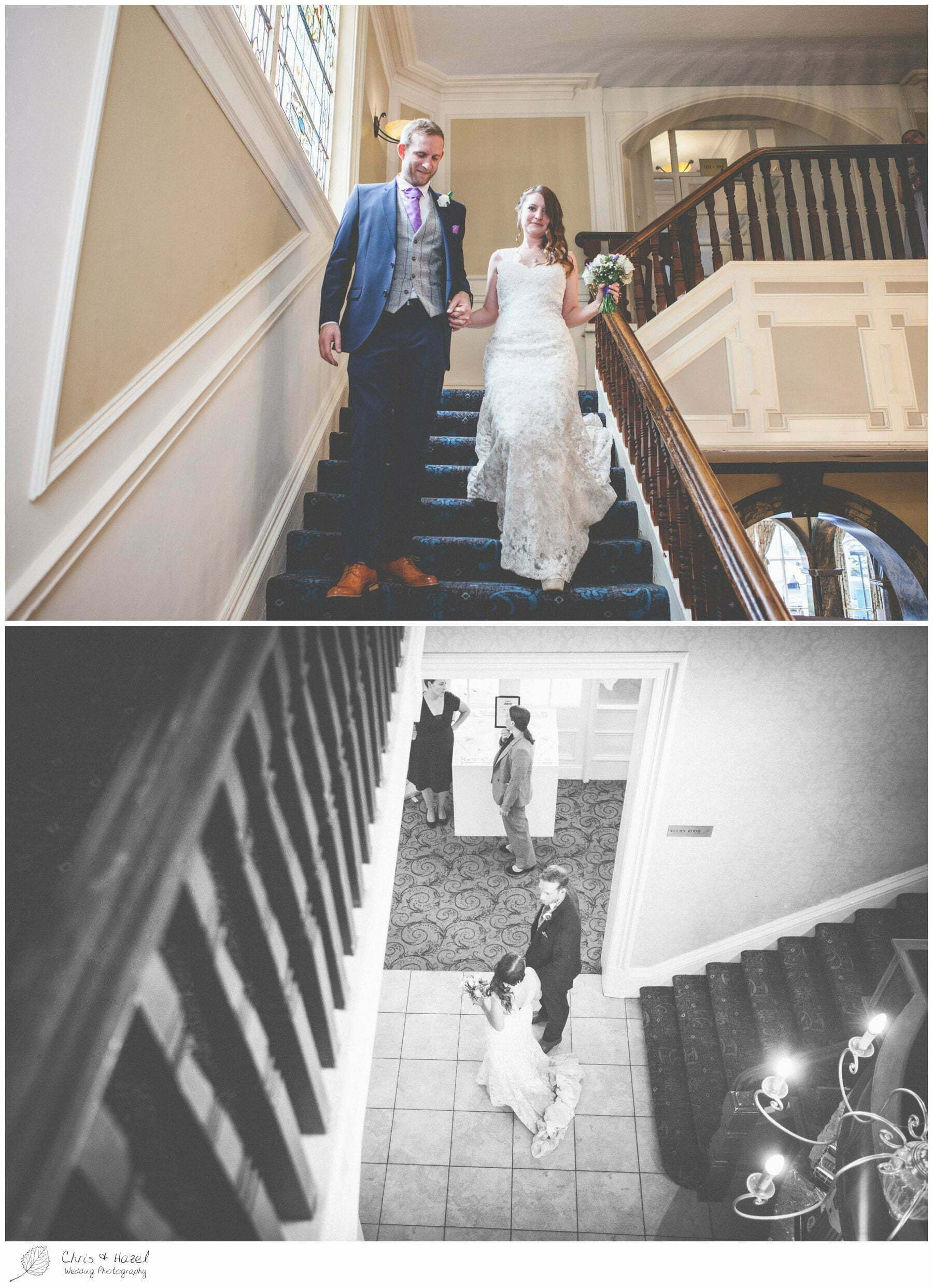 bride and groom walking down the stairs, old fashioned stair case, wooden staircase, wedding ceremony, documentary wedding photography, the cairn hotel, the cairn hotel wedding photographer, wedding photography harrogate, wedding photography yorkshire, chris and hazel wedding photography, scott Dixon, caroline ellis, caroline Dixon
