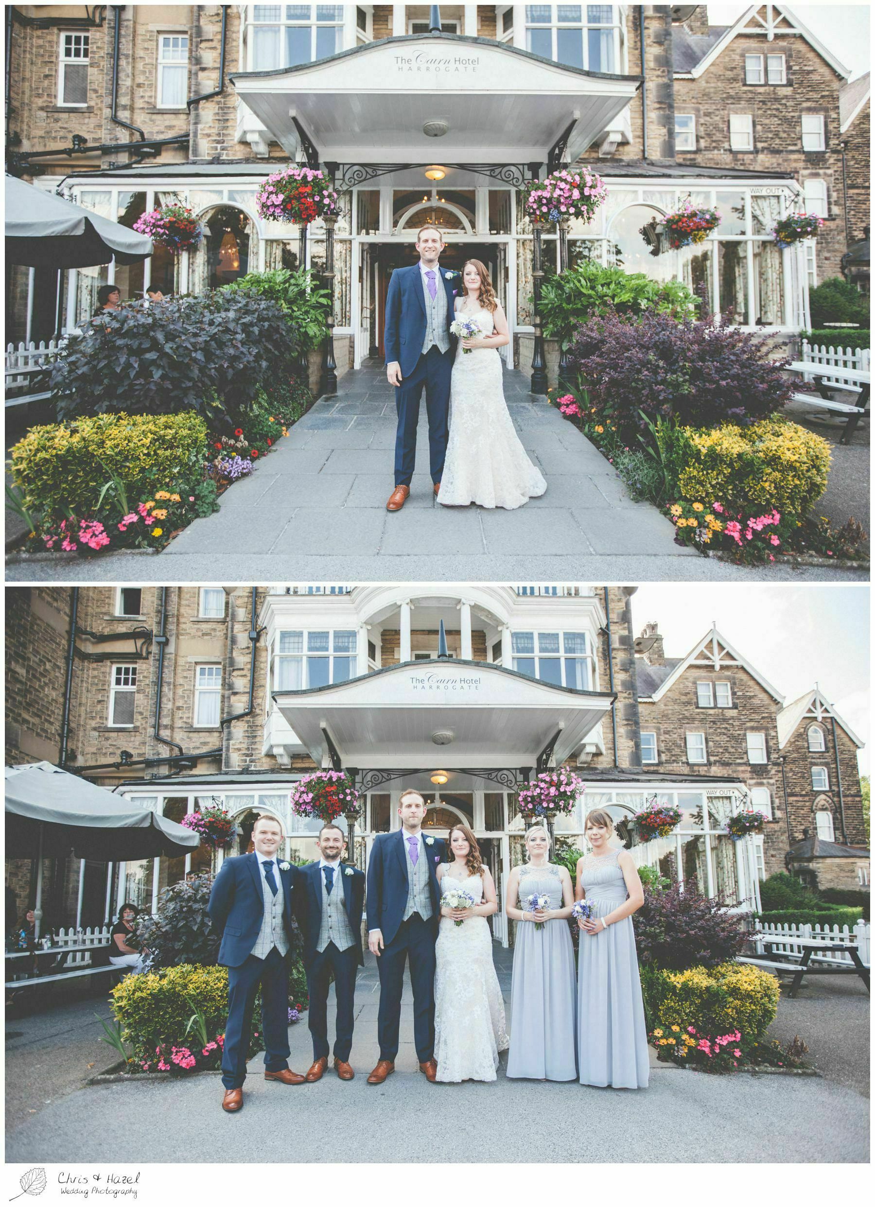 bride and groom with bridesmaids and ushers, groomsmen, wedding formal photographs, wedding family photographs, documentary wedding photography, the cairn hotel, the cairn hotel wedding photographer, wedding photography harrogate, wedding photography yorkshire, chris and hazel wedding photography, scott Dixon, caroline ellis, caroline Dixon