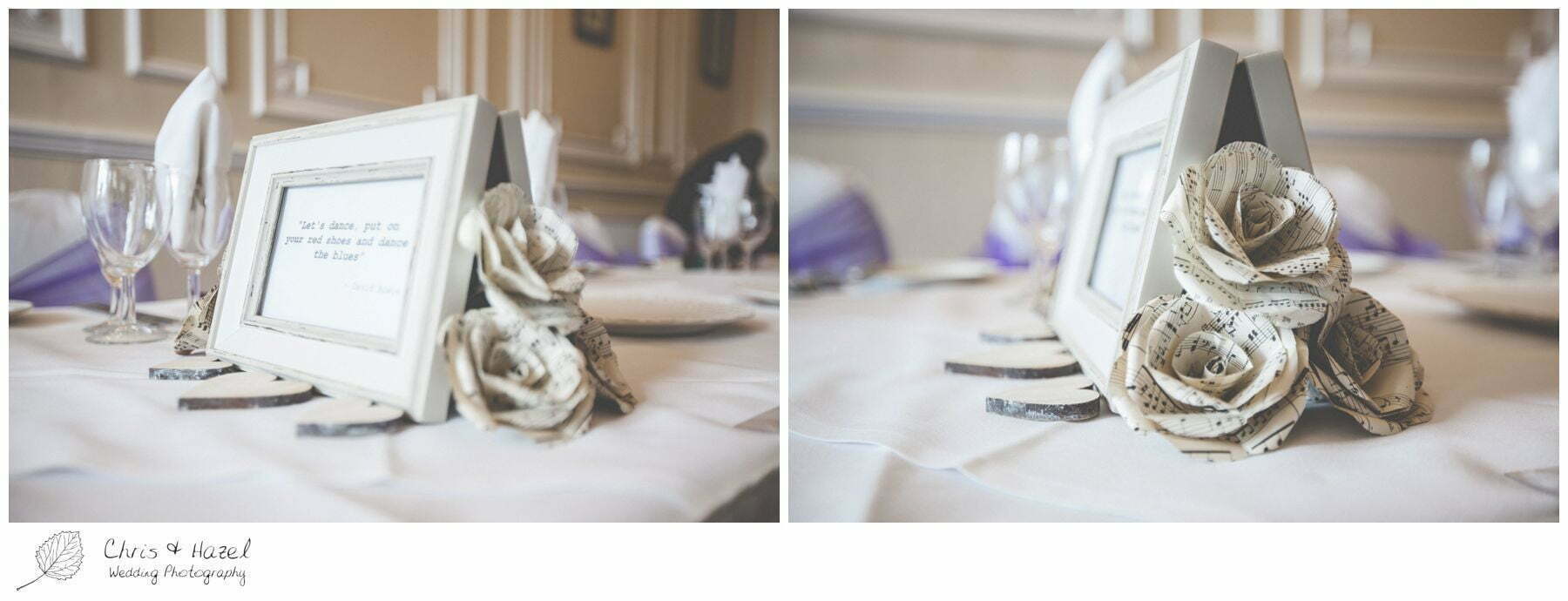 wedding table details, wedding centre pieces, paper flowers, documentary wedding photography, the cairn hotel, the cairn hotel wedding photographer, wedding photography harrogate, wedding photography yorkshire, chris and hazel wedding photography, scott Dixon, caroline ellis, caroline Dixon