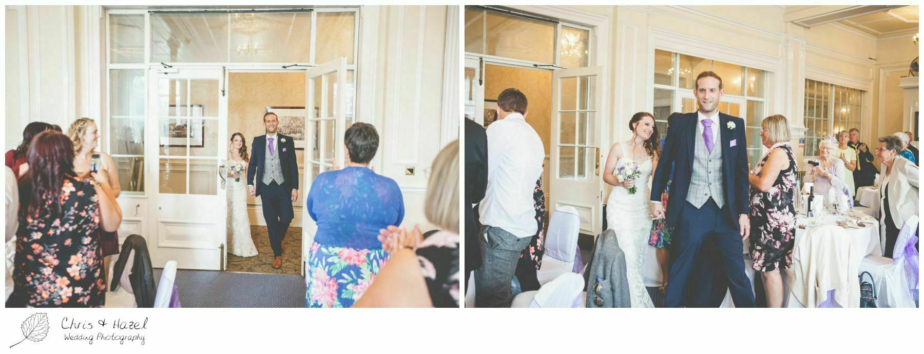 bride and groom enter room, wedding breakfast, documentary wedding photography, the cairn hotel, the cairn hotel wedding photographer, wedding photography harrogate, wedding photography yorkshire, chris and hazel wedding photography, scott Dixon, caroline ellis, caroline Dixon