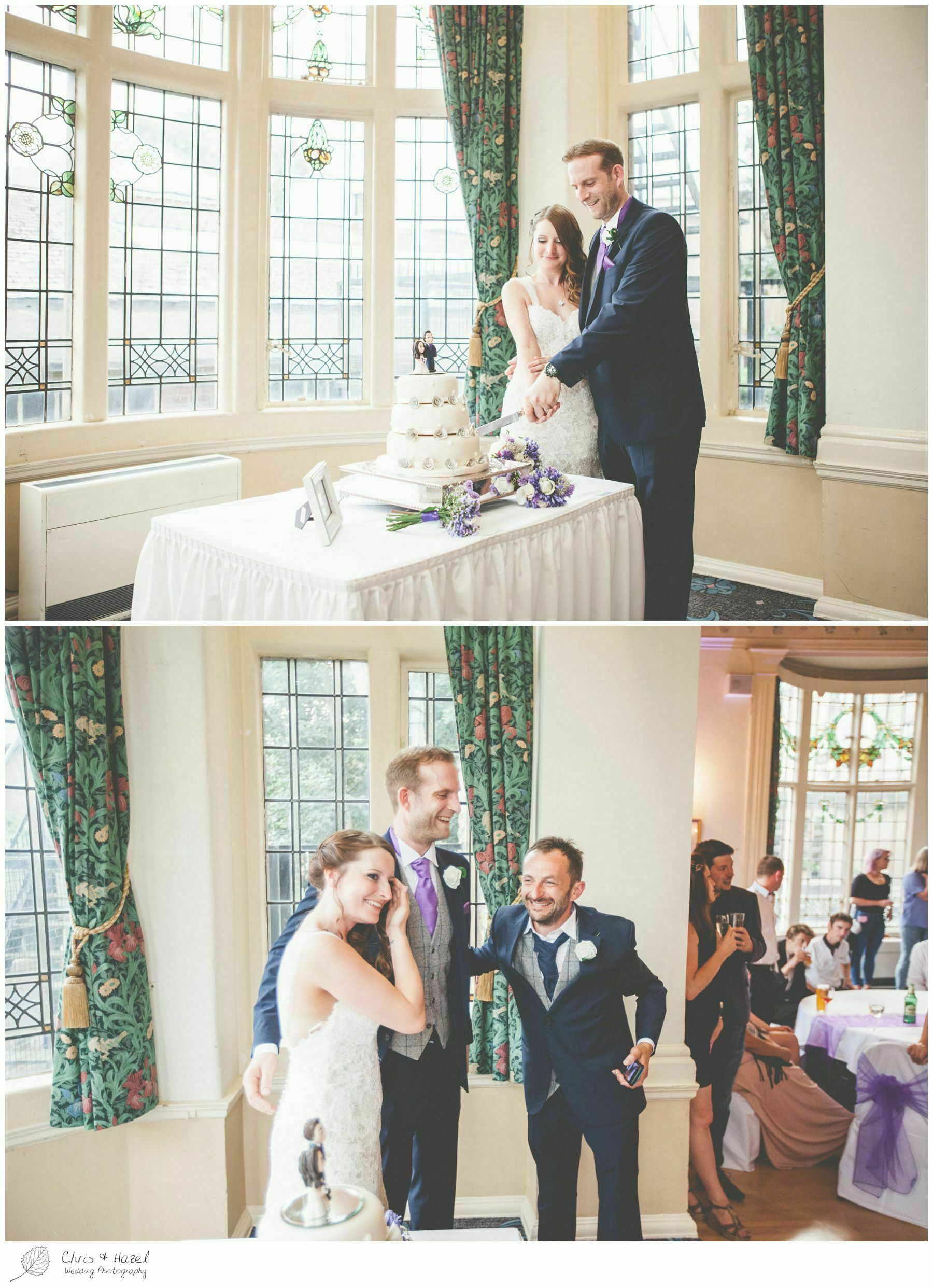 bride and groom cutting wedding cake, wedding cake, flowers, bride and groom cake top, documentary wedding photography, the cairn hotel, the cairn hotel wedding photographer, wedding photography harrogate, wedding photography yorkshire, chris and hazel wedding photography, scott Dixon, caroline ellis, caroline Dixon