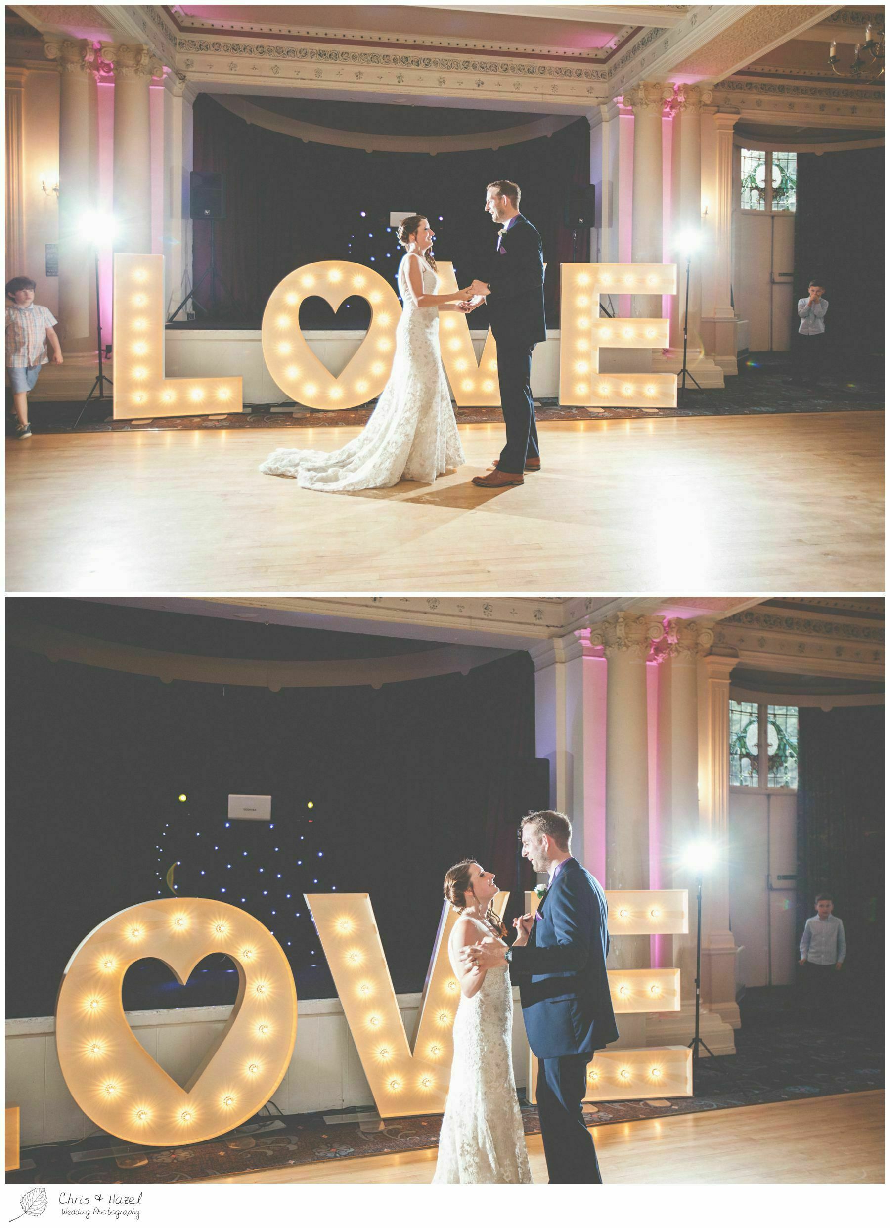 bride and groom first dance, bride and groom with love letters, wedding big love letters, light up love letters, documentary wedding photography, the cairn hotel, the cairn hotel wedding photographer, wedding photography harrogate, wedding photography yorkshire, chris and hazel wedding photography, scott Dixon, caroline ellis, caroline Dixon