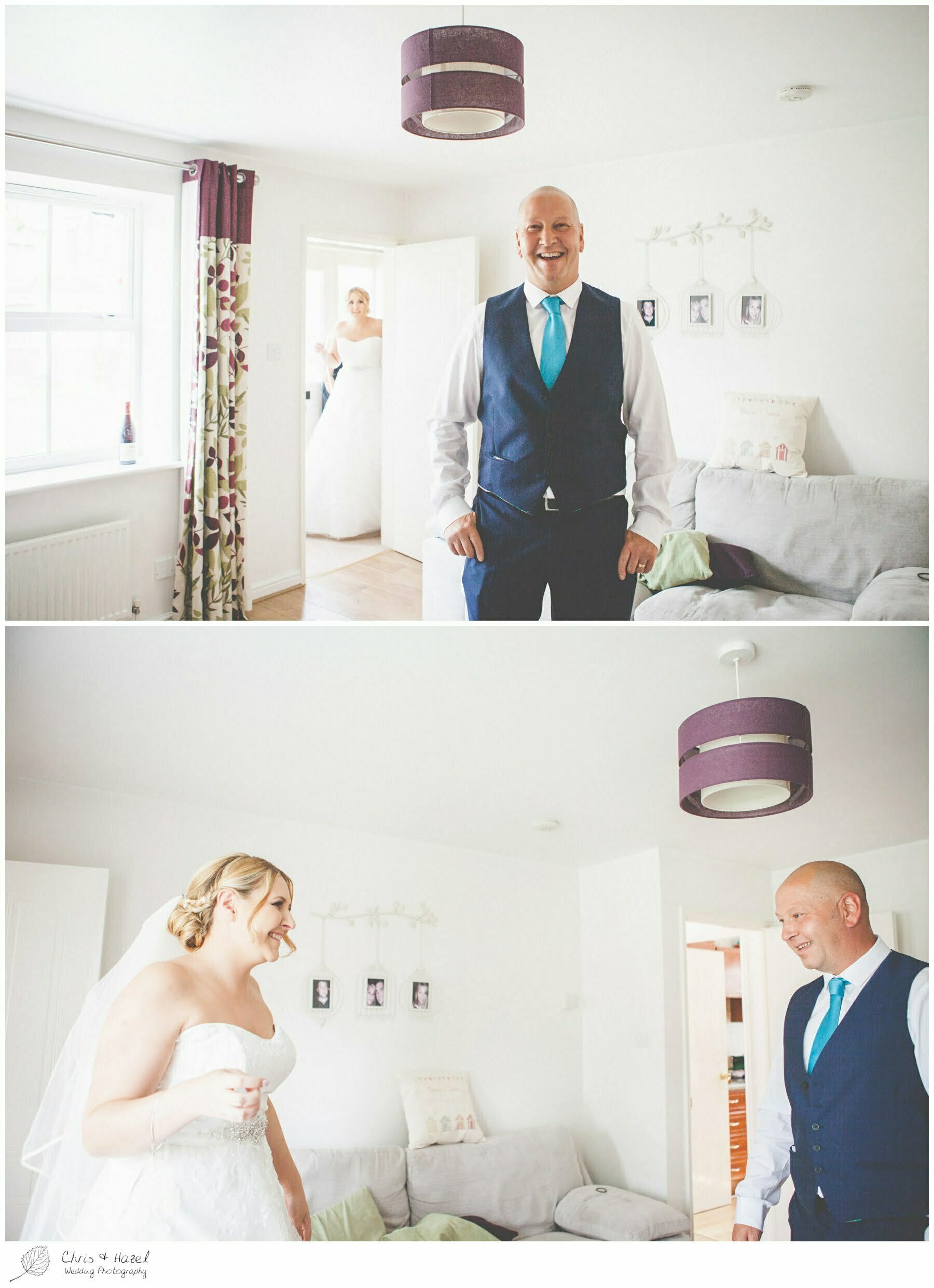father of bride sees bride in dress, father of bride first look, bridal preparations, bridal party getting ready, Barnsley wedding photographer, barnsley wedding photography, burntwood court hotel wedding photography, west Yorkshire wedding photography, chris and hazel wedding photography, simon Devonport, Rebecca silcock, Rebecca Devonport,