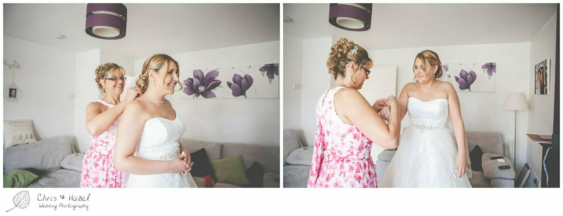 mother of bride helping bride put necklace on, bridal preparations, bridal party getting ready, Barnsley wedding photographer, barnsley wedding photography, burntwood court hotel wedding photography, west Yorkshire wedding photography, chris and hazel wedding photography, simon Devonport, Rebecca silcock, Rebecca Devonport,