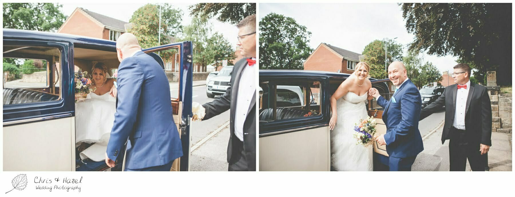 bride arrives in wedding car outside st john the baptist church, royston st john the baptist church, Barnsley wedding photographer, barnsley wedding photography, burntwood court hotel wedding photography, west Yorkshire wedding photography, chris and hazel wedding photography, simon Devonport, Rebecca silcock, Rebecca Devonport,