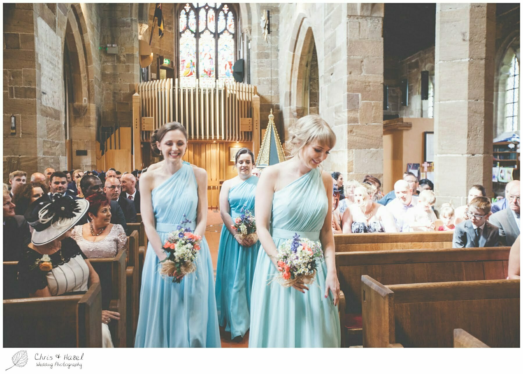 bridesmaids walking down aisle, wedding ceremony, st john the baptist church, royston st john the baptist church, Barnsley wedding photographer, barnsley wedding photography, burntwood court hotel wedding photography, west Yorkshire wedding photography, chris and hazel wedding photography, simon Devonport, Rebecca silcock, Rebecca Devonport,