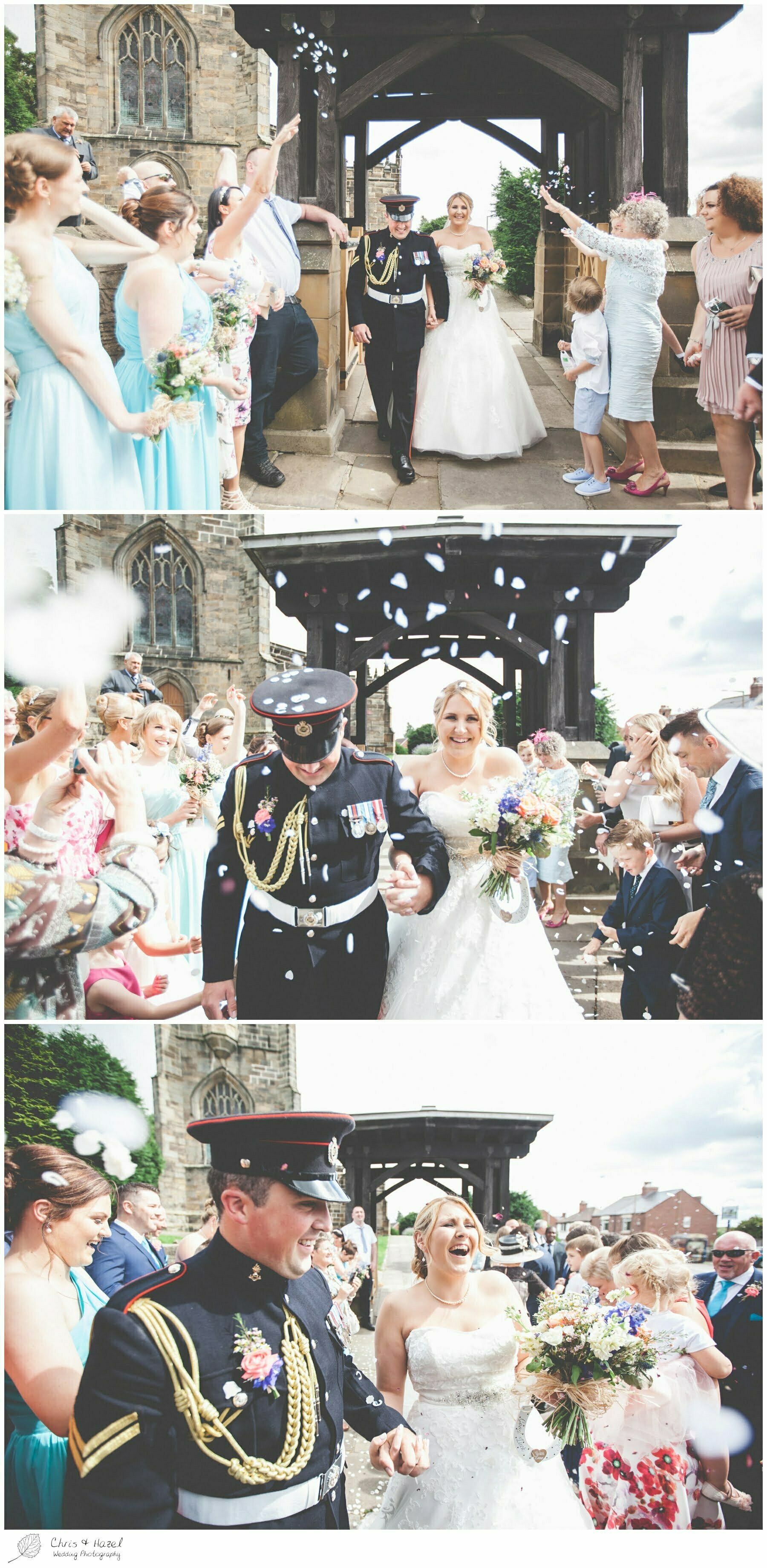 bride and groom covered in confetti outside church, st john the baptist church, royston st john the baptist church, Barnsley wedding photographer, barnsley wedding photography, burntwood court hotel wedding photography, west Yorkshire wedding photography, chris and hazel wedding photography, simon Devonport, Rebecca silcock, Rebecca Devonport,