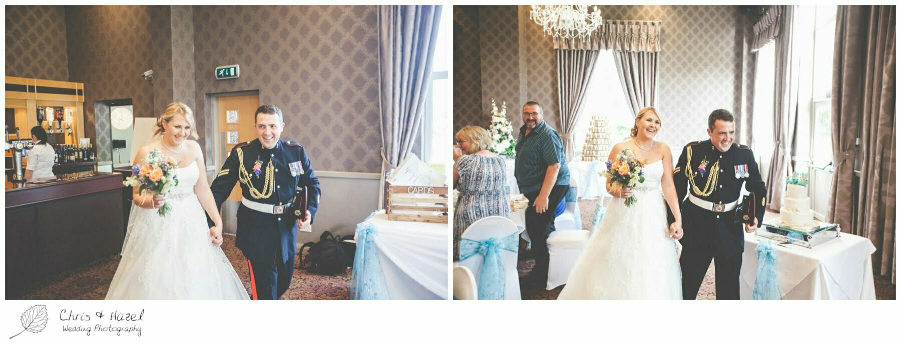 Bride and groom enter wedding breakfast, documentary wedding photographs, Barnsley wedding photographer, barnsley wedding photography, burntwood court hotel wedding photography, west Yorkshire wedding photography, chris and hazel wedding photography, simon Devonport, Rebecca silcock, Rebecca Devonport,