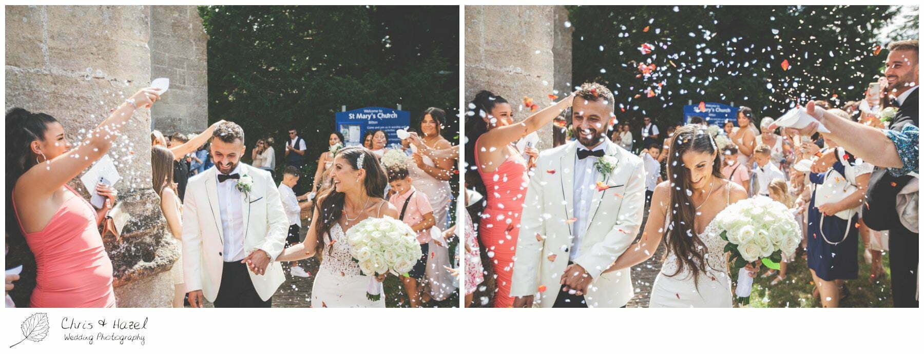 Bride and groom covered in confetti, St Marys church Bitton, St Marys church wedding day, Bath Wedding Photographer, Documentary wedding photography Bath, Bath Wedding Day, Bitton Wedding Photographer,
