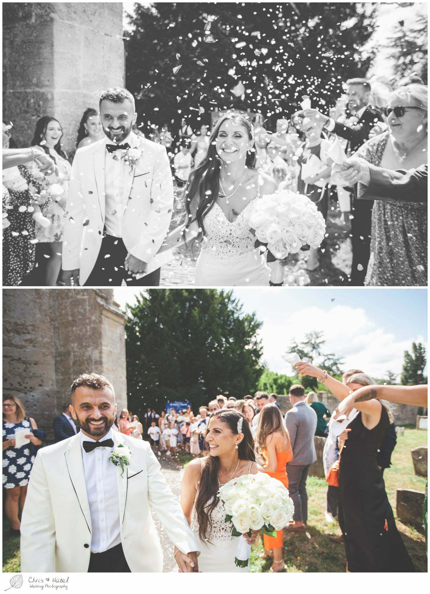 Bride and groom covered in confetti, St Marys church Bitton, St Marys church wedding day, Bath Wedding Photographer, Documentary wedding photography Bath, Bath Wedding Day, Bitton Wedding Photographer,