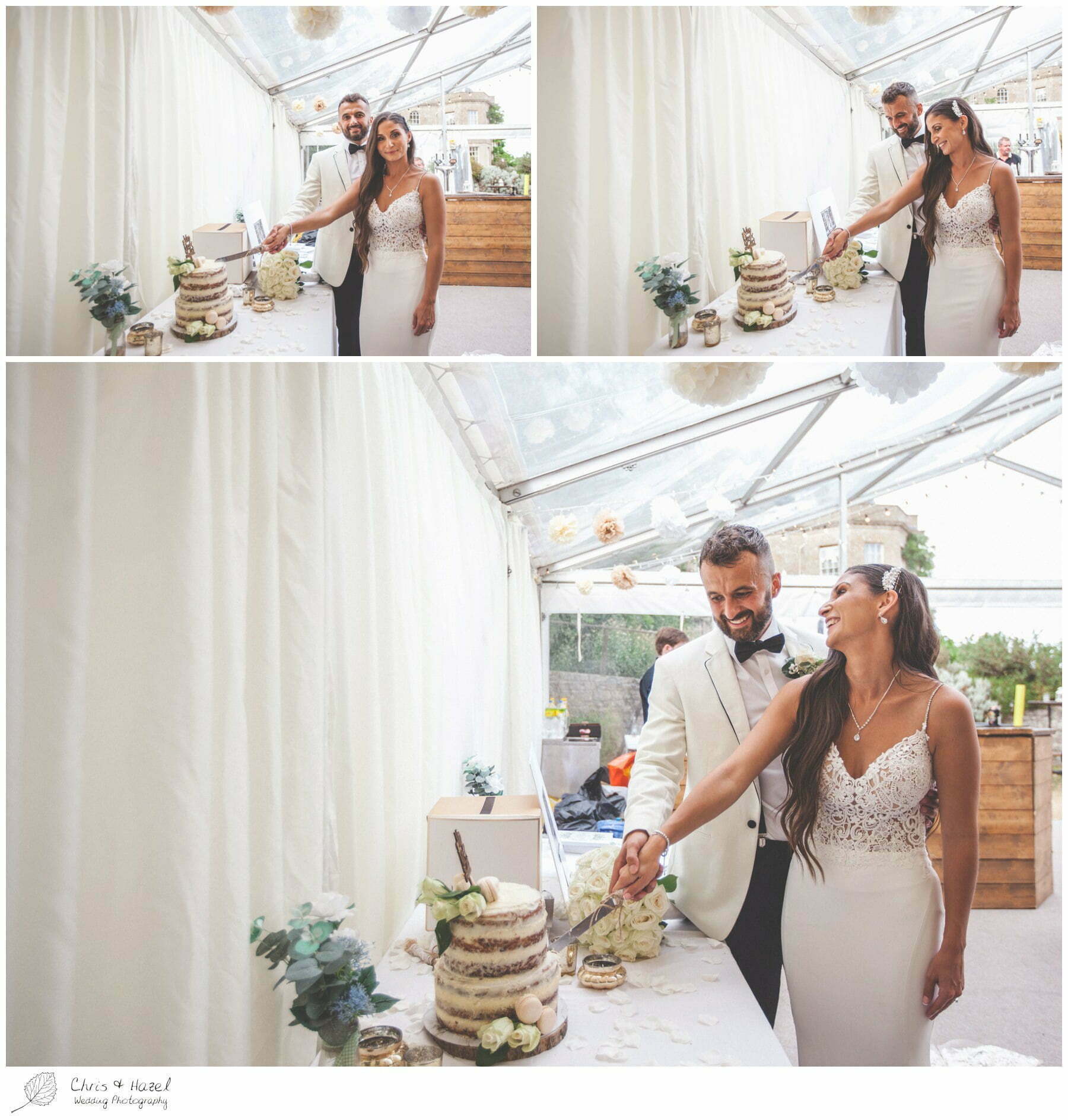 Bride and groom cutting naked wedding cake, Hamswell House, Wedding marquee reception, Hamswell House Wedding Photography, Hamswell House Wedding Photographs, Bath Wedding Photographer, Documentary wedding photography Bath, Bath Wedding Day,