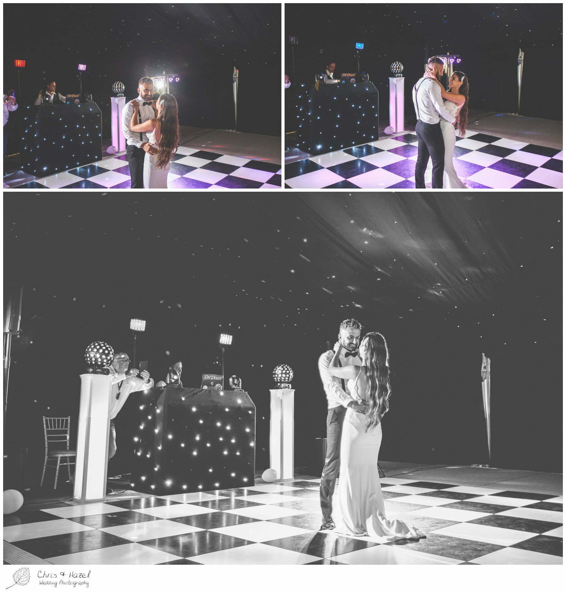 Bride and groom first dance, backlit first dance photography, checkerboard dance floor, Hamswell House, Wedding marquee reception, Hamswell House Wedding Photography, Hamswell House Wedding Photographs, Bath Wedding Photographer, Documentary wedding photography Bath, Bath Wedding Day,