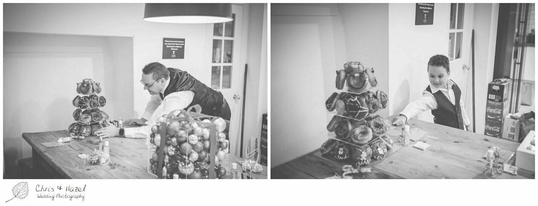 Groom getting ready preparations, Krispy Kreme wedding cake, donut wedding cake, Bath Wedding Photography, Roman Baths Wedding Photographer, Wedding in Bath, Bath Wedding Day, documentary wedding photography, Chris and Hazel Wedding Photography Bath, Sammie Singfield Scott Brown