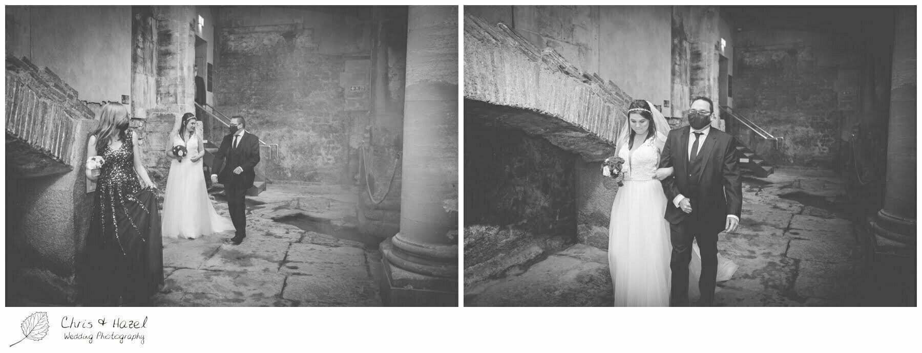 Bride walking down aisle Wedding Ceremony at Roman Baths Pump Rooms, The Roman Baths Wedding Photography, Roman Baths Wedding Photographer, Wedding in Bath, Bath Wedding Day, documentary wedding photography, Chris and Hazel Wedding Photography Bath, Sammie Singfield Scott Brown