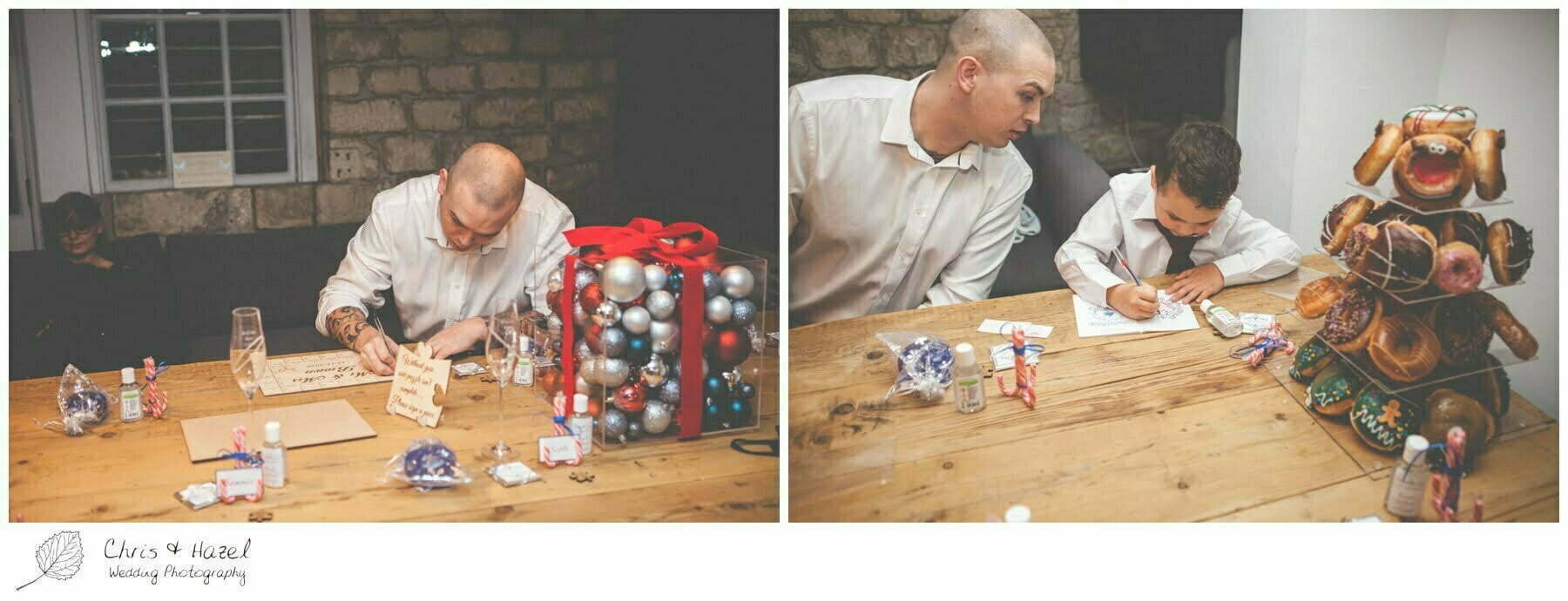 Christmas themed wedding table decorations Bath, Krispy Kreme wedding cake, donut wedding cake, Bath Wedding Photography, Roman Baths Wedding Photographer, Wedding in Bath, Bath Wedding Day, documentary wedding photography, Chris and Hazel Wedding Photography Bath, Sammie Singfield Scott Brown